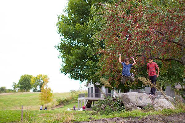 Young boys jumping off a boulder in Orono MN